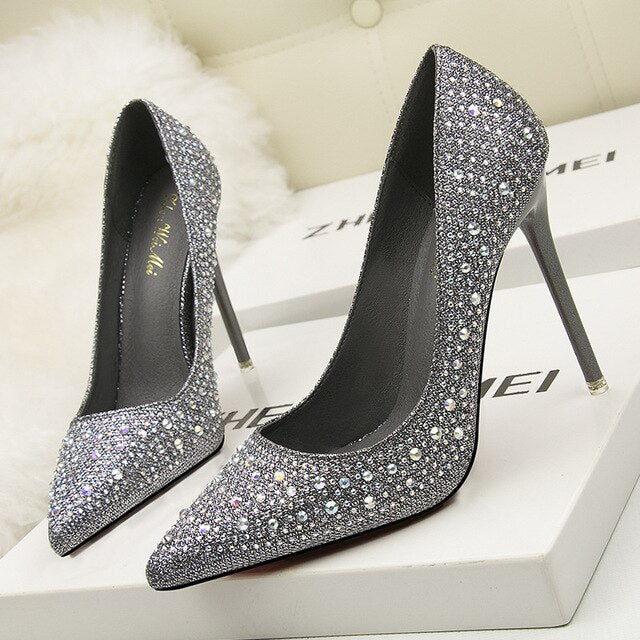 Women Pointed toe Glitter silver stiletto